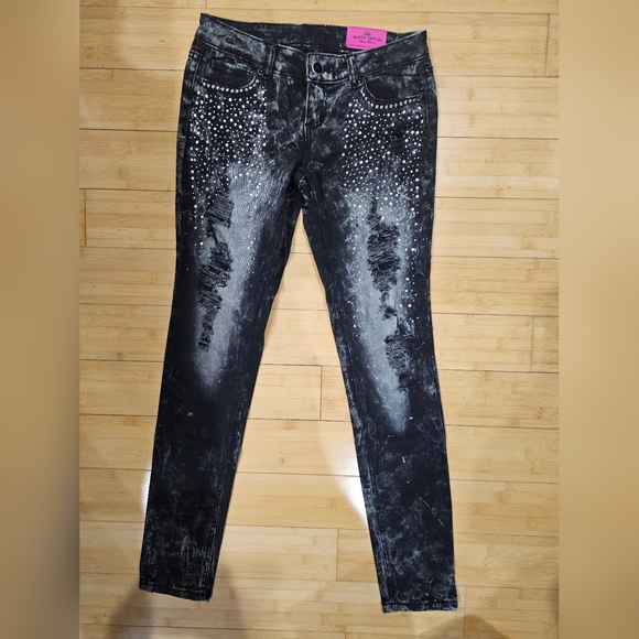 Almost Famous Denim - Almost Famous Y2K Distressed Black Gray Rhinestone Studded Pants Skinny Jeans 5